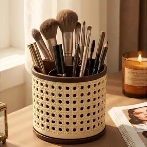 Vintage Woven Makeup Organizer, Large Capacity Rotating Desk Pen Holder, Detachable Easy Clean Compartment Brush Storage Box
