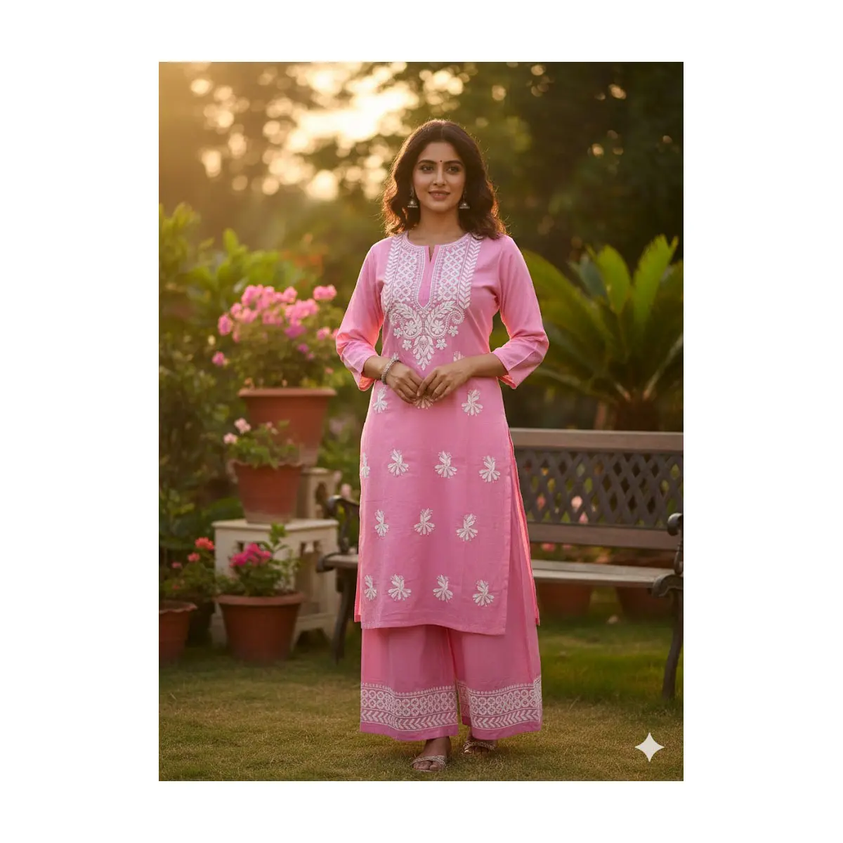 #LKH-5 Pink  Lucknowi Chikankari Kurta & Palazzo Set – Women’s Ethnic Wear