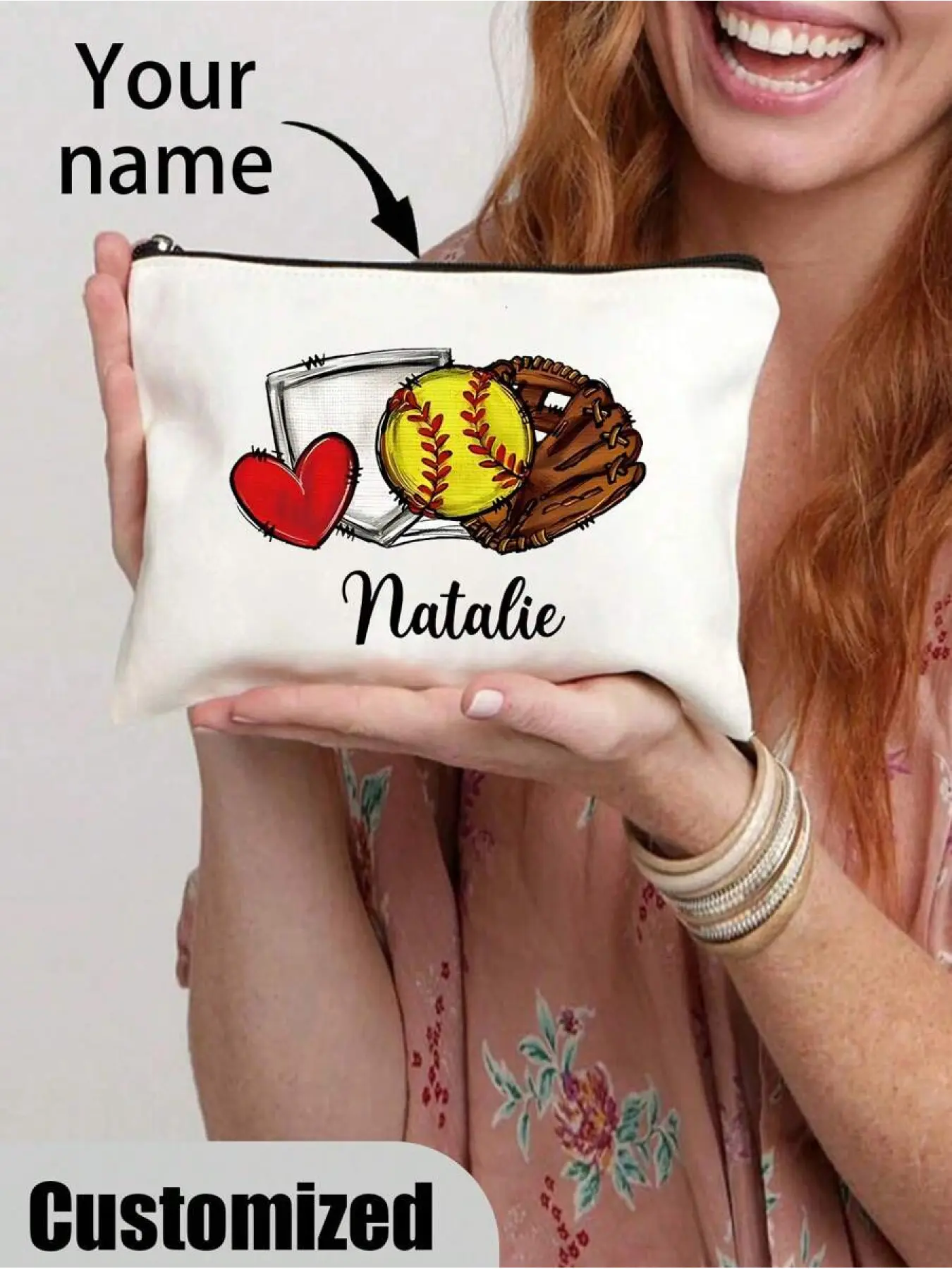 Custom Softball Player Makeup Bag - Personalized Name, Lightweight & Foldable Cosmetic Pouch With Zipper For Travel & Toiletries, Perfect Gift For Softball Teams,Letter,Portable,Multifunction,Versatile,Lightweight,Large Capacity,All-Purpose,Practical,Cute