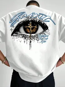 Unisex Y2K Style Menswear Saint letter and deep eye Graphic pattern Print Short Sleeve Fitted Round Neck T-Shirt, Deep Color Series, Streetwear, Streetwear Ready, Casual Fashion, Suitable for streetwear, Y2K style, subculture fashion, trendy outfits.
