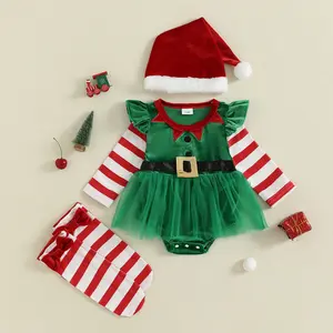 Infant Baby Girls Christmas Elf Costume Outfits Long Sleeve Romper + Hat + Striped Socks Set Infant Unisex Santa Clothes