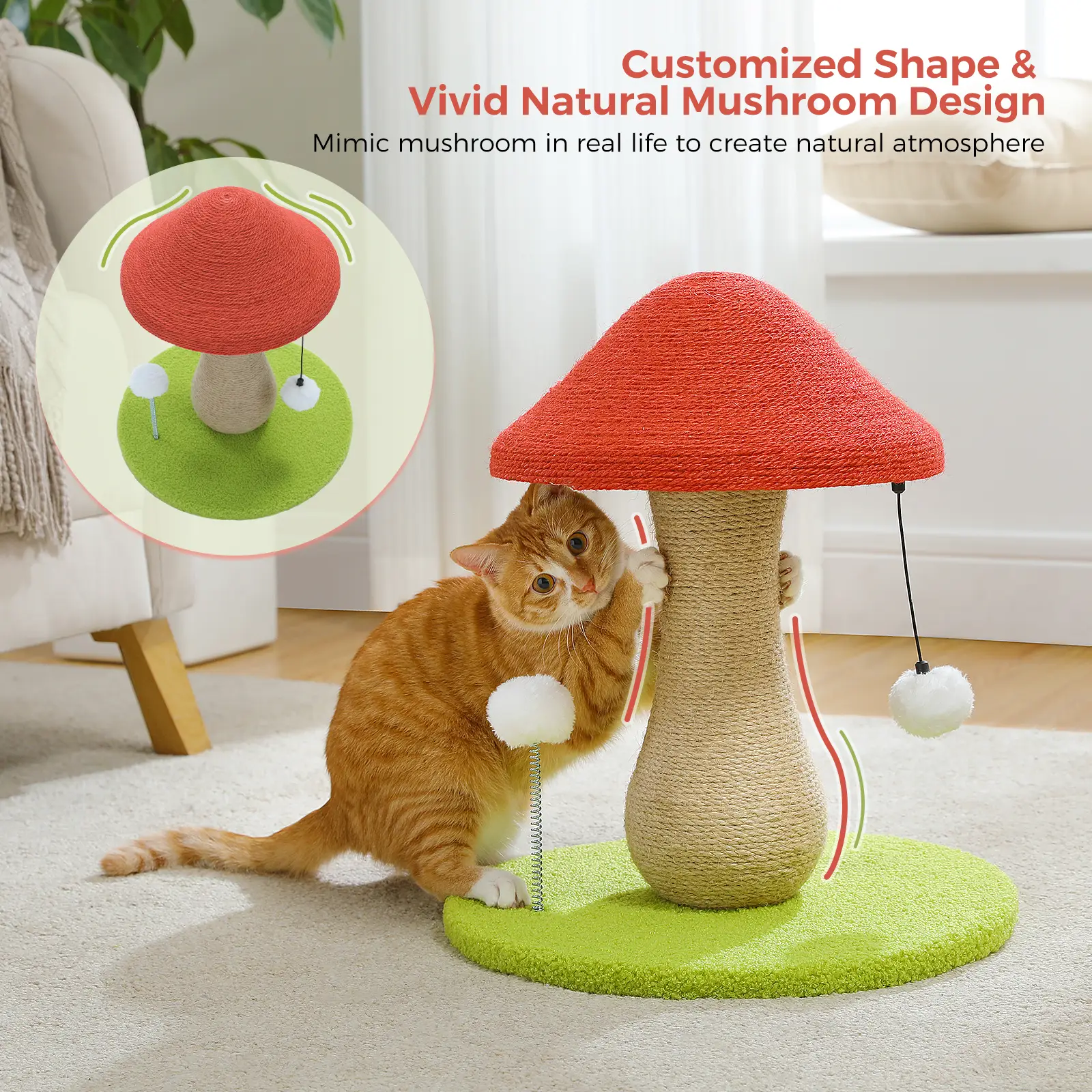 PAWZ Road Cat Scratching Post, Mushroom Tall Cat Scratcher Featuring with Natural Sisal Scratching Poles and Interactive Toy Ball for Kittens and Smal