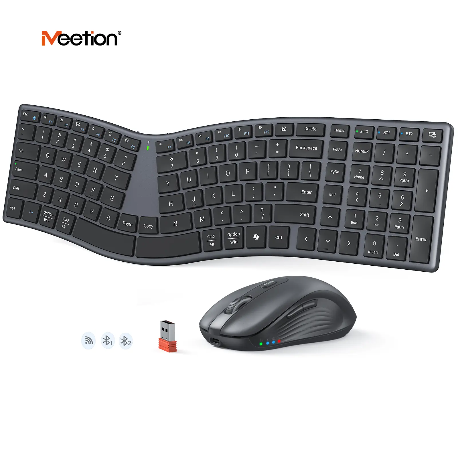 MEETION Ergonomic Wireless Keyboard and Mouse Combo - Asymmetric Director Q Split S-Curve Design, 2.4G & Dual Bluetooth, Slim Low-Profile 104-Key, Rechargeable 4 DPI Mouse, for Windows Mac PC Laptop, Rechargeable Mouse