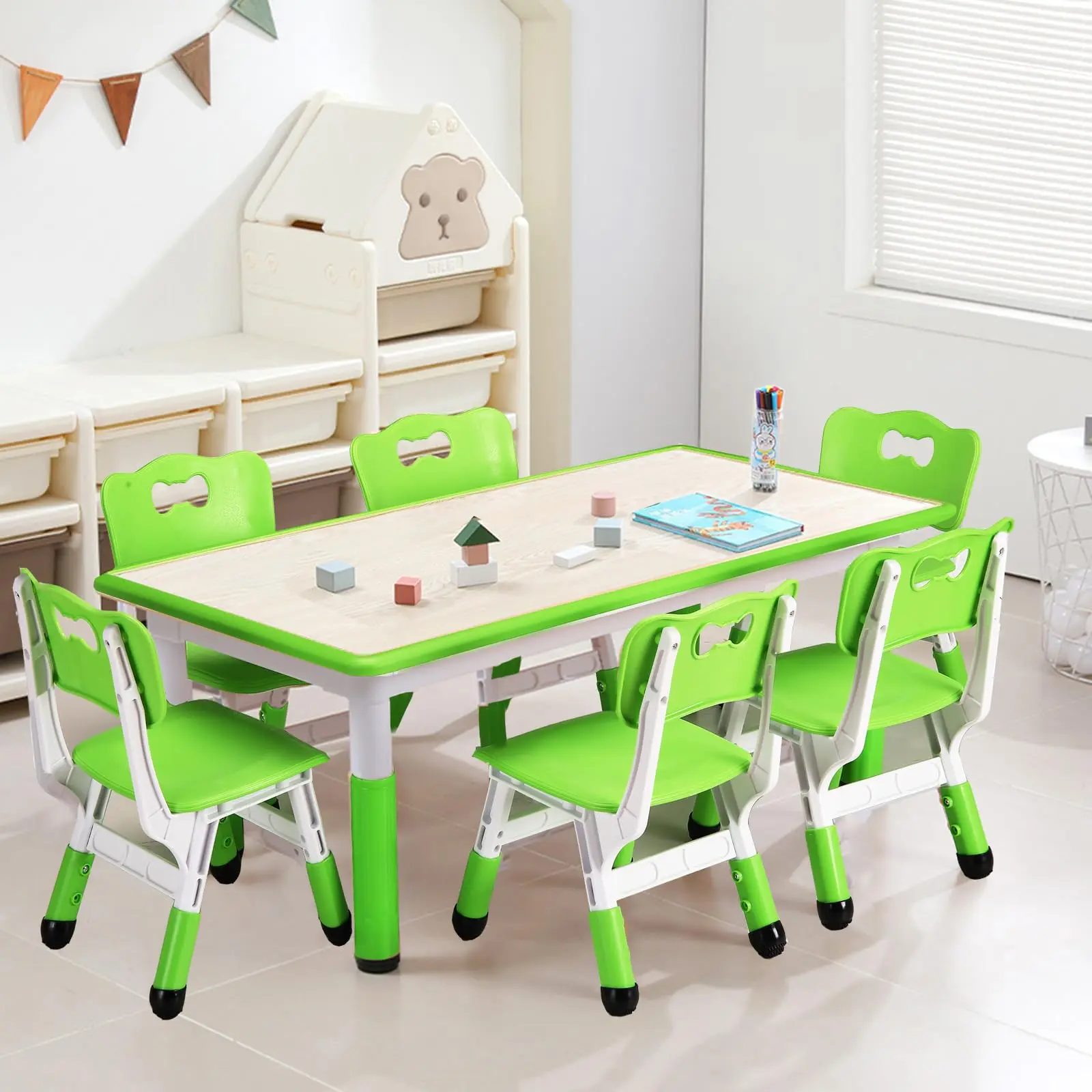 Kids Table and Chairs Set - Height Adjustable 6-Seat Arts & Crafts Table for Ages 2-10, Non-Slip Legs, Max 300lbs - Multi-Activity for Home,Green