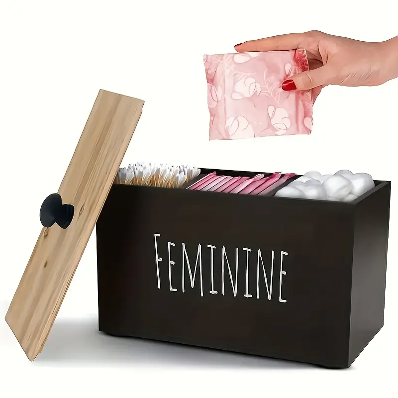Tampon Holder Storage for bathroom, Feminine Wooden Container Box with Lid Movable Partition Storage Container with 3 Compartment, Pad Storage Container Box, Rustic