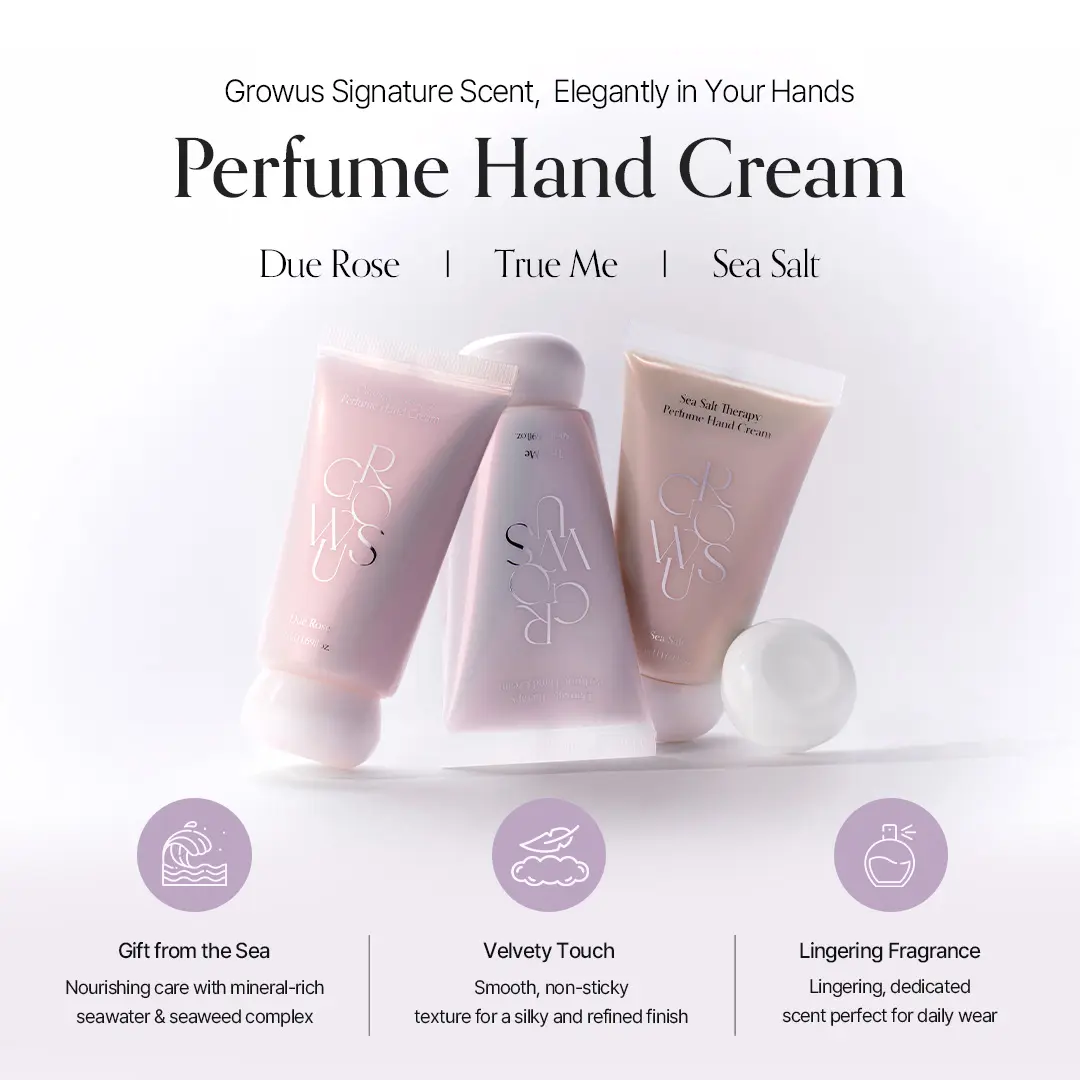 Growus Perfume Hand Cream - 50ml/1.69 fl oz Aromatherapy Moisturizing Hydrator with Shea Butter, Non-Sticky, Long-Lasting Scent (Due Rose, True Me, Sea Salt Fresh), Ideal for Dry Hands, Birthday Self Care Products, Hours