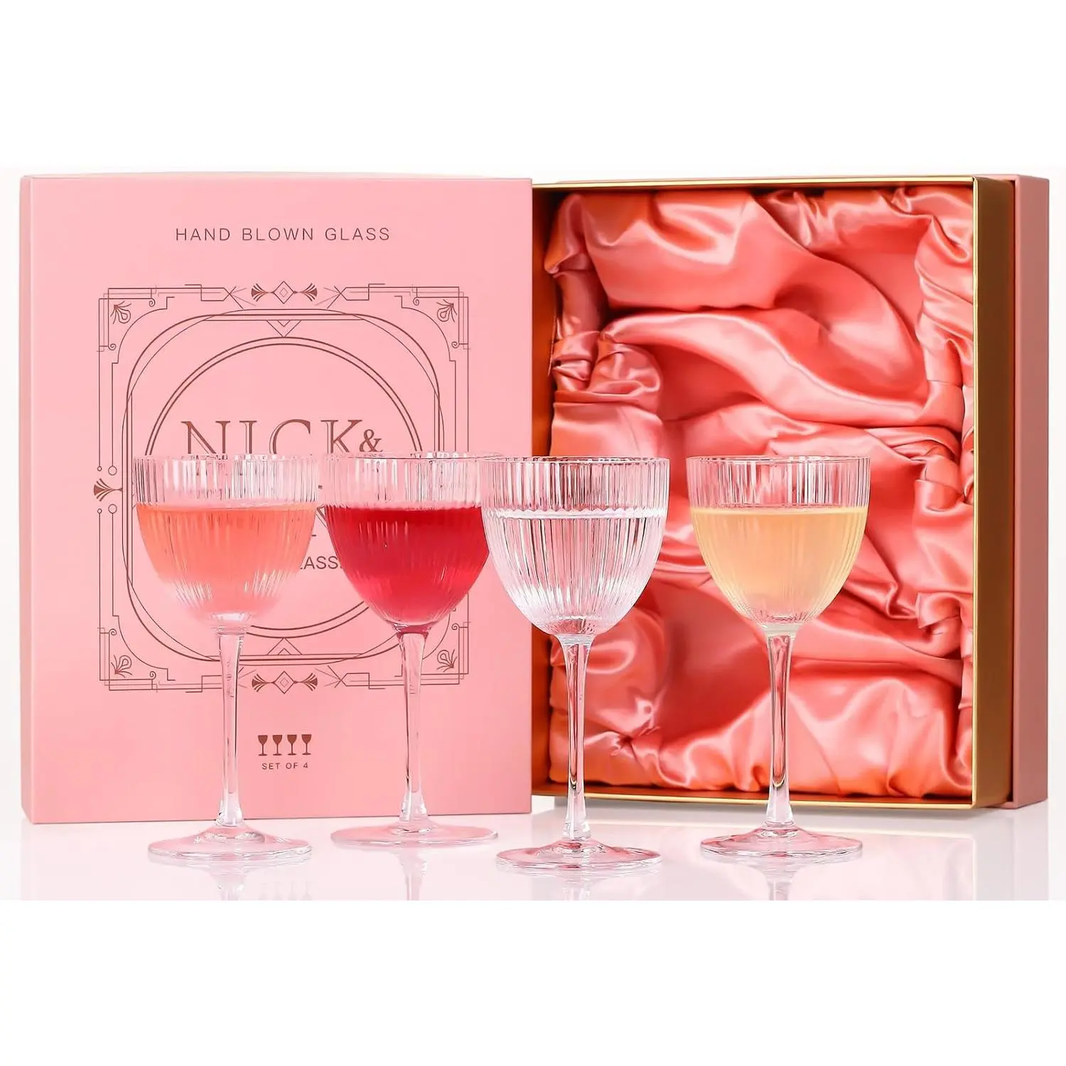 Nick and Nora Coupe Cocktail Glasses Set of 4 - 5 Oz Vintage Ribbed Crystal Drinkware, Ideal for Whiskey, Gin, Vodka, Perfect Mothers Day Gifts for Wife
