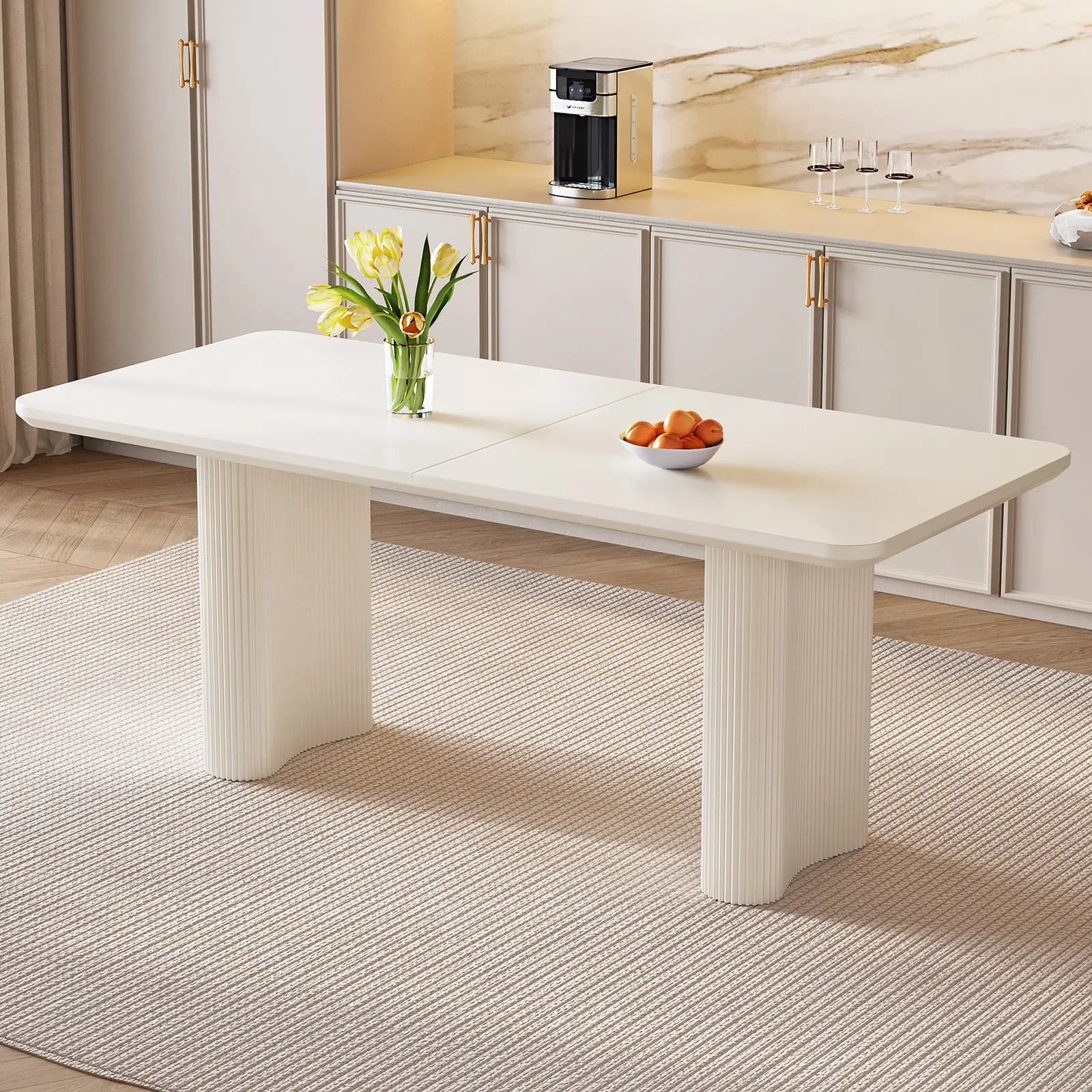 Guyii Minimalist Rectangle Dining Table - Modern Indoor Furniture with Wave-Shaped Legs, Cream White/Black, for Small Spaces/Apartments, Easy Assembly, Clean Design, Kitchen & Dining Room Use