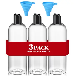 3Pcs 16 oz Clear Plastic Empty Bottles with Black Disc Top Caps and 2 Small Funnel, Squeezable Refillable Containers for Shampoo, Lotions, Cream and more , BPA Free - Home Improvement.