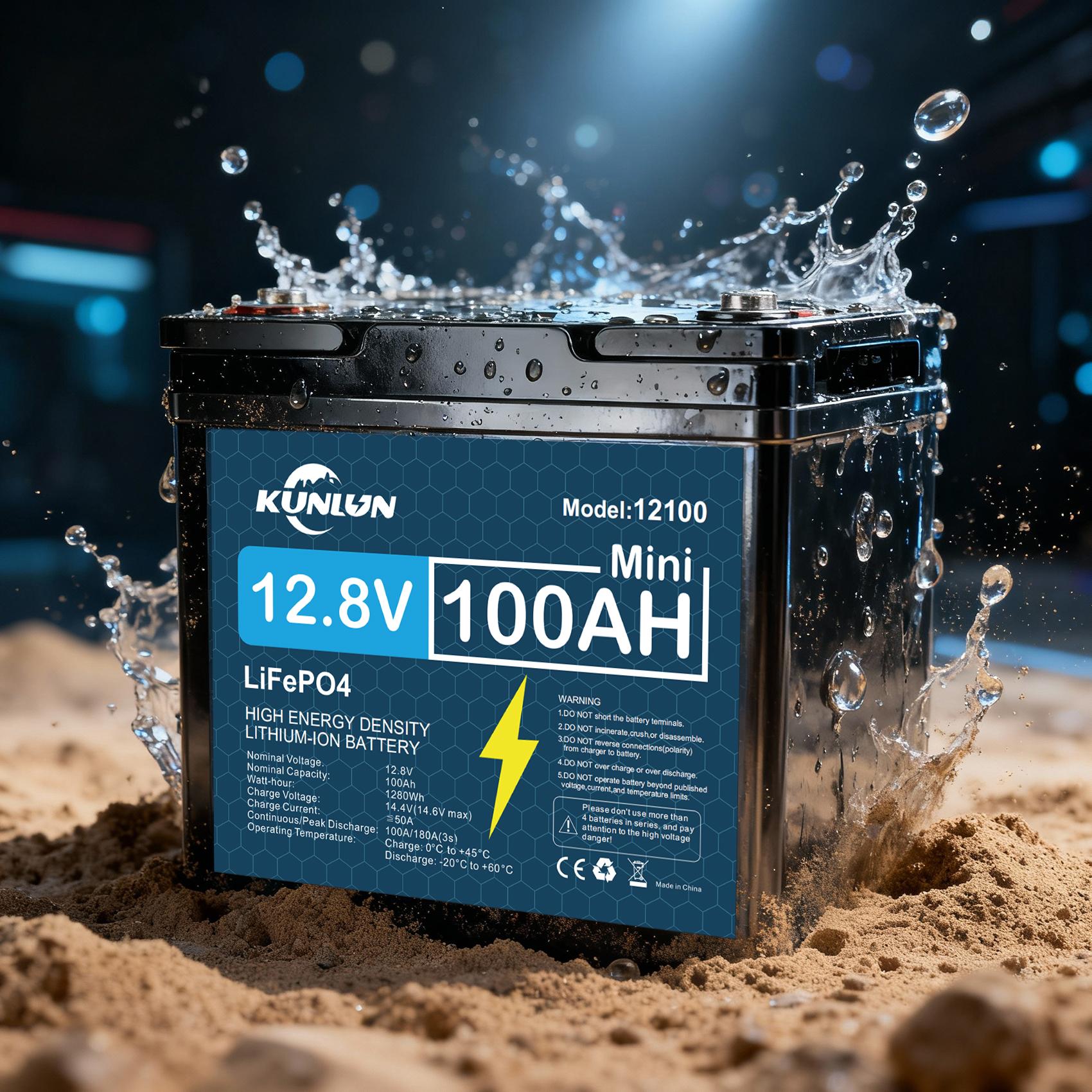 KUNLUN 12V 100Ah LiFePO4 High Capacity Battery Model 12100 - 100A Smart BMS, 5000+ Cycles, 1280Wh Energy, Maintenance-Free Rechargeable Outdoor Emergency Power Station for RV, Off-Grid Solar, Marine Trolling Motors