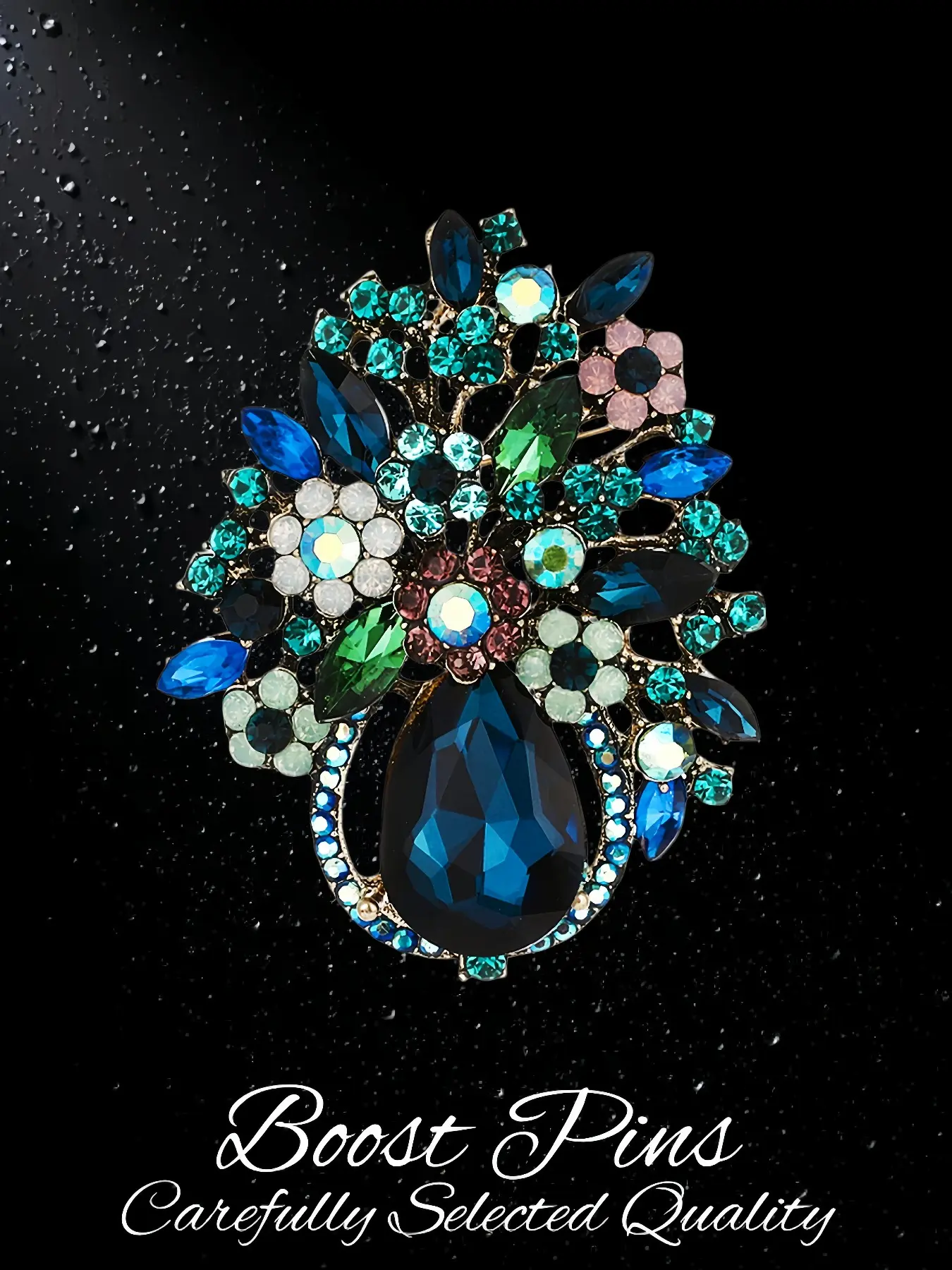 Vintage Bronze Tone Blue Green Crystal Flower Bouquet Brooch for Women, Sparkling Rhinestone Floral Lapel Pin, Alloy Statement Brooch, Exquisite Brooch, Fashion Jewelry for Coat Scarf, Birthday Gift for Her, Brooch with Crystals
