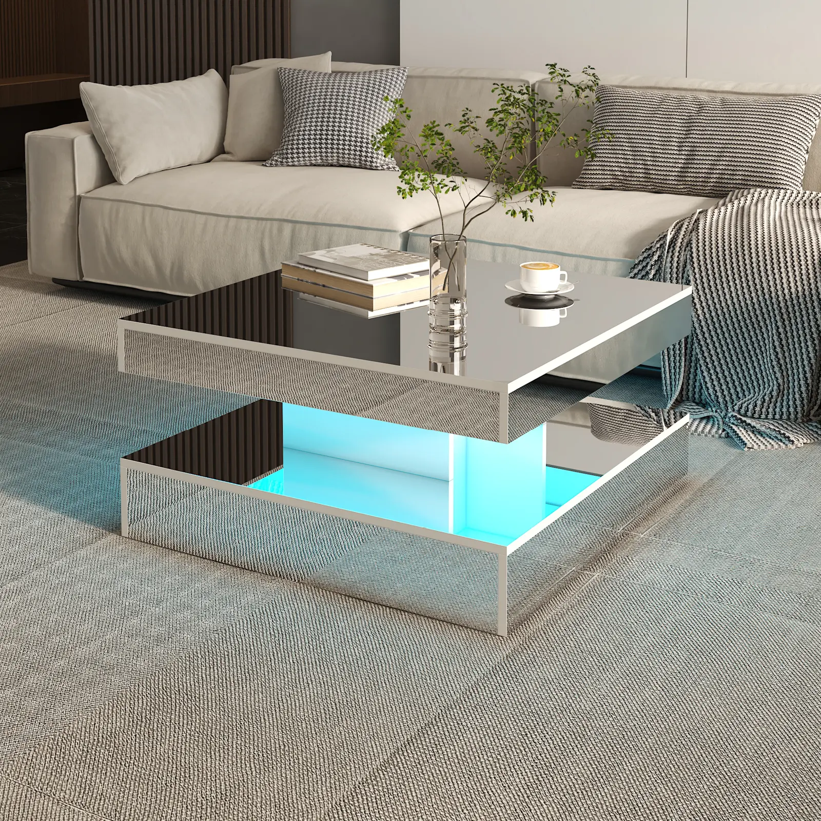 HedoAjim Double Sliding White Marble Coffee Table - Light Mirror Square PET Top, Extendable Storage, Multi-Style Indoor Living Room Furniture, Coffee Tables, Built-In Light, Double Push-Pull
