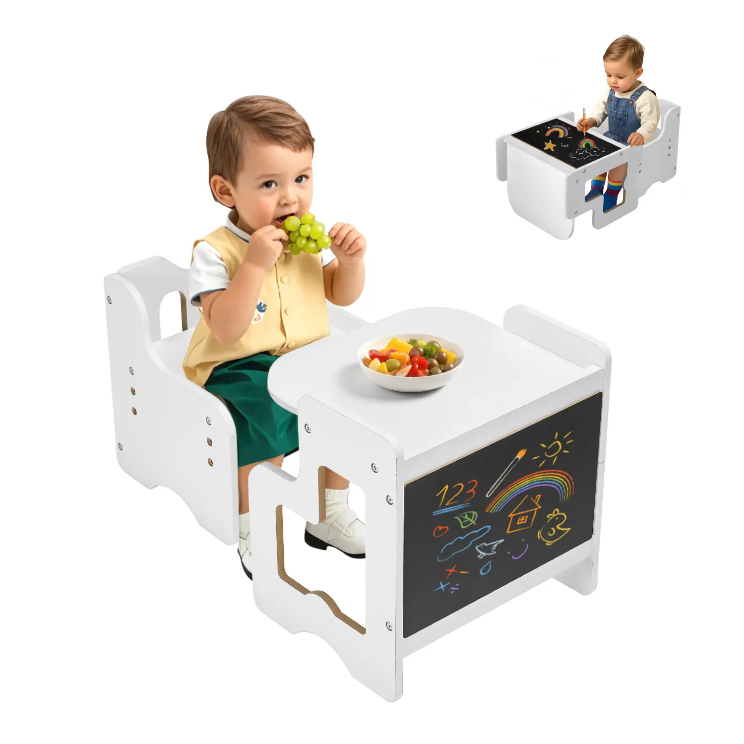 VEVOR Montessori Weaning Table and Chair Set, 3 In 1 Wooden Toddler Table and Chairs with Chalkboard, Adjustable Height Montessori Table for Ages 1-5, Ideal for Drawing, Reading, Eating - White#BacktoSchool