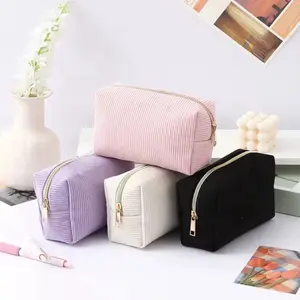 2pc Set Corduroy Coin Pouch Change Purse Travel Bag Toiletry Case in Pink Purple White Black Colors with Gold Metal Zipper Compact Portable for Travel and Daily Use