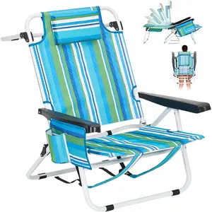 [ SummerVibes ] SLSY Portable Folding Beach Chair, 5-Position Adjustable Lay Flat Reclining Beach Lounge Chair, with Cooler Bag , Backpack Straps, Headrest & Pouch,Portable for Beach Poolside, Patio, Lawn, Home