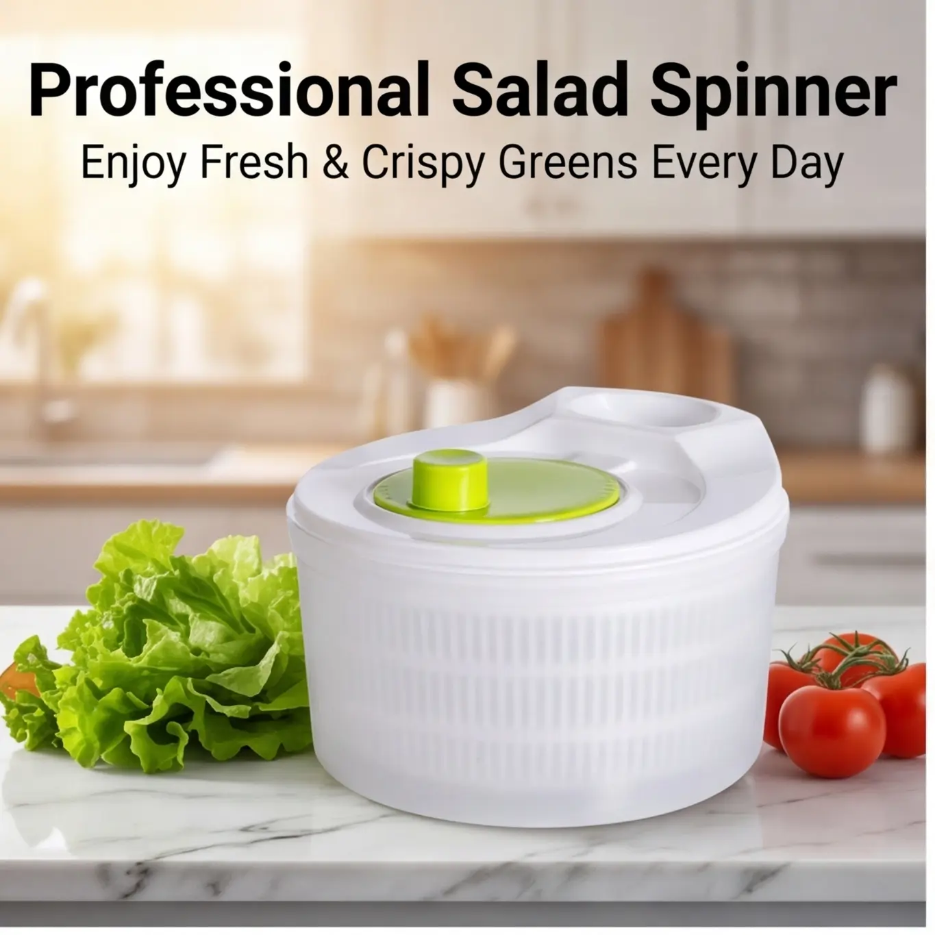 Large Capacity Plastic Lettuce Spinner & Vegetable Dryer - Sturdy Kitchen Utensil with Basket, Lid & Bowl, 1-Hand Operation for Washing & Spinning Fresh Greens to Prevent Soggy Salad, Fruit