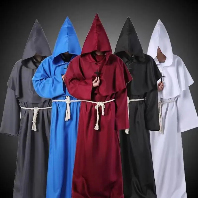 Halloween Medieval Monk Robe Cosplay Costume Multicolor Wizard Priest Cloak Hooded Cape and Robe with Cross Necklace Accessories