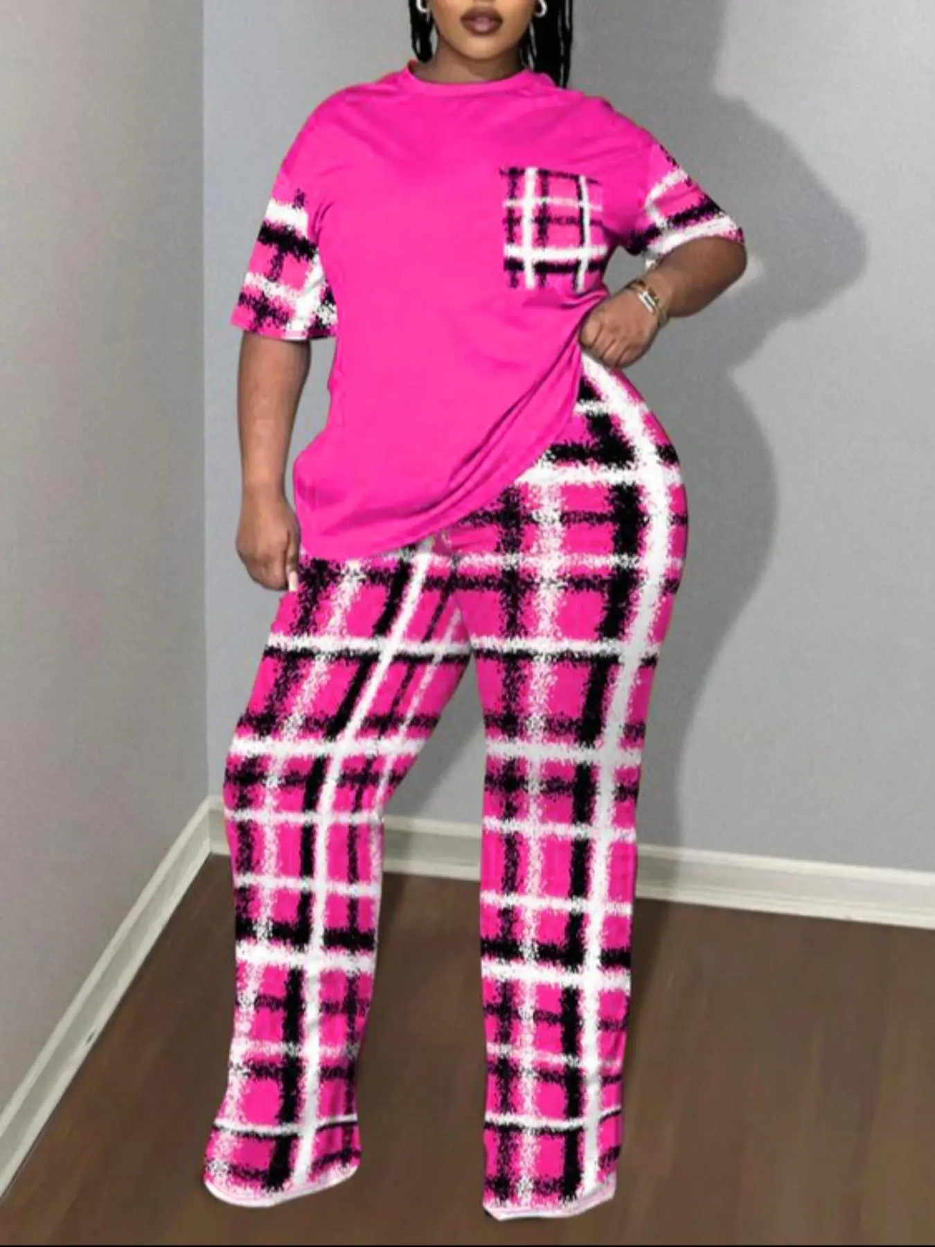 Plus Size Plaid Print Tee & Pants Set, Round Neck Half-Sleeve T-Shirt and Trousers, Women's Two-Piece Outfits for Summer, Casual Lounge Set