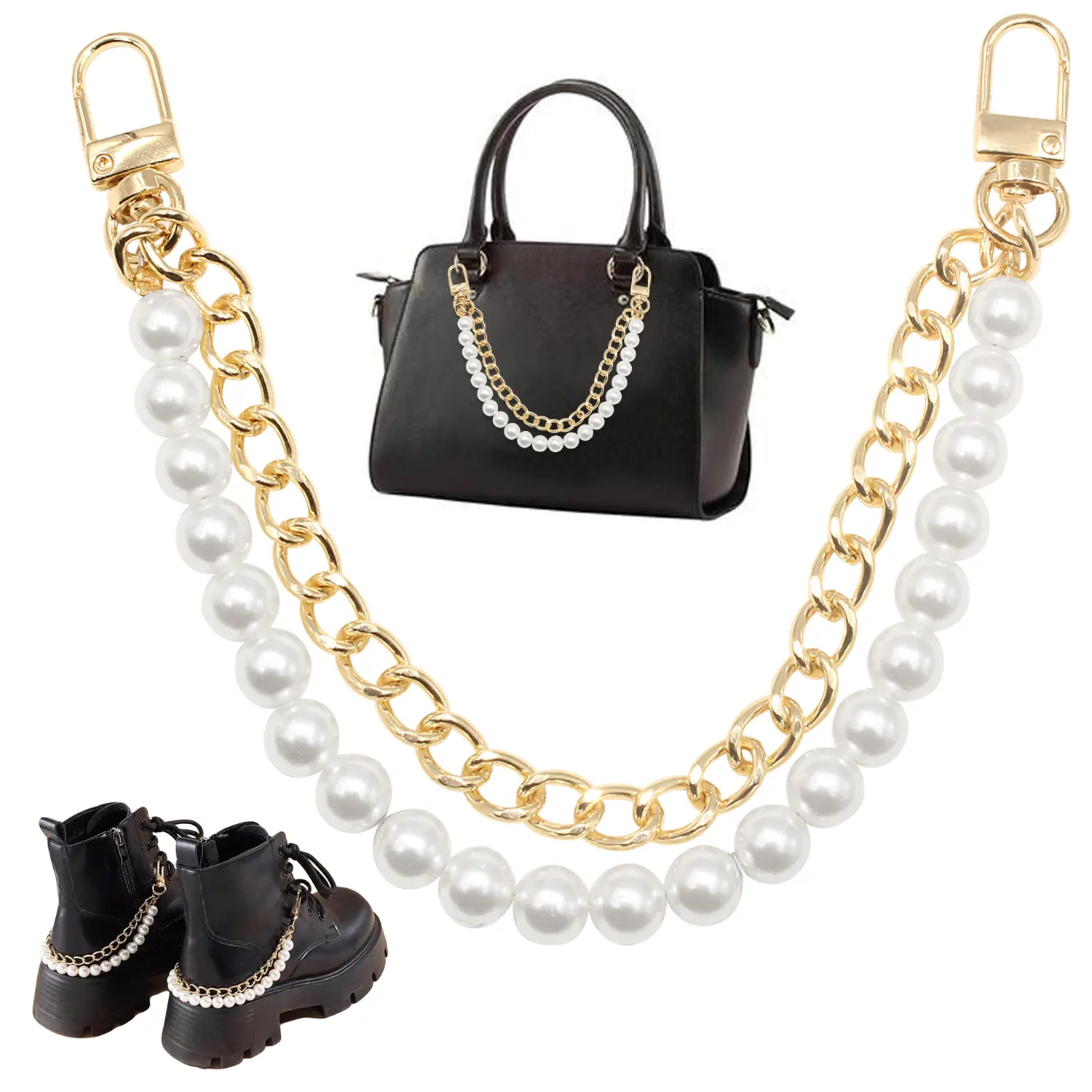Faux Pearl Beaded Bag Chain, 11-Inch Short Replacement Handle, Removable Strap and Bag Accessory, Detachable Bag Straps