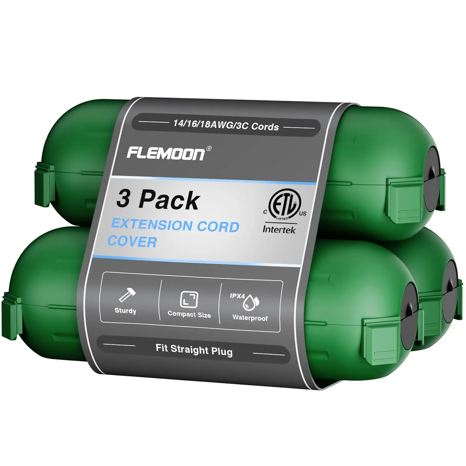 Flemoon 3-Pack Outdoor Extension Cord Safety Cover, IPX4 Waterproof Heavy-Duty PP Electrical Plug Protection Box, Compact Home Improvement Supply for Holiday Lights