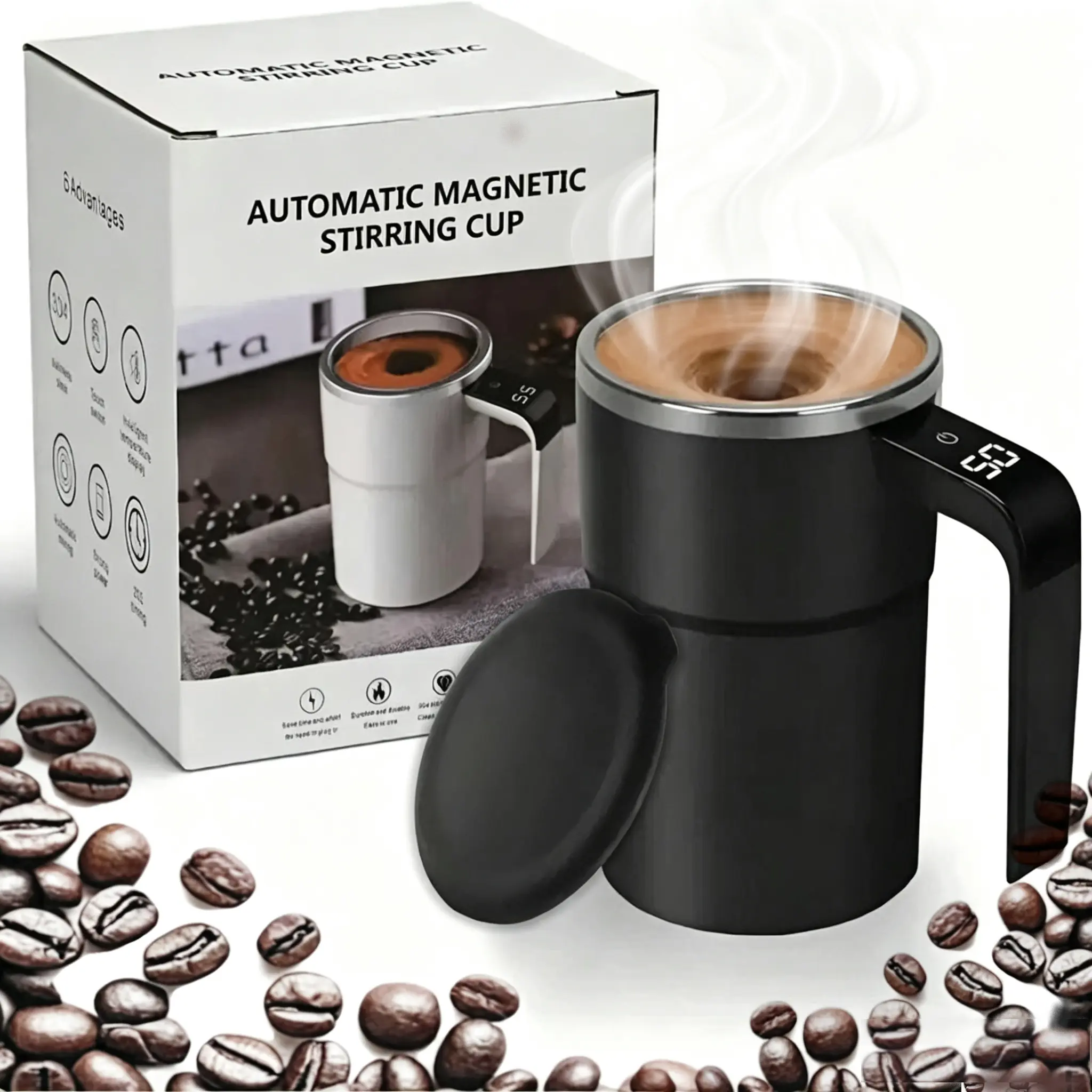 Self Stirring Coffee Mug, Magnetic Stirring Cup Rechargeable Automatic Mixing Cup w/LCD Thermometer for Milk/Cocoa Drinkware Tumbler at Office/Kitchen/Travel
