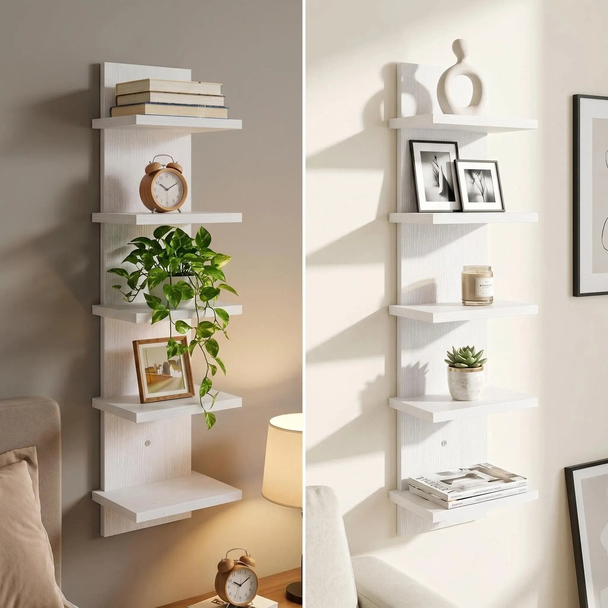 5 Tier Vertical Floating Wall Shelf | Reversible Narrow Wall Mounted Storage Organizer Display Rack | Waterproof Wood Grain Sturdy Heavy Duty | Easy Install Space Saving | Bathroom Gaming Bedroom Office Funko Pop Books Plants Decor
