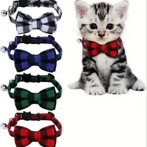 4Pcs Plaid Pet Collars with Bell & Bow, Adjustable 7.5-12 Inch Detachable Polyester Collar, Safe Release Buckle Comfort Wear for Small Pets Multi-Color Indoor Pet Accessories summervibes