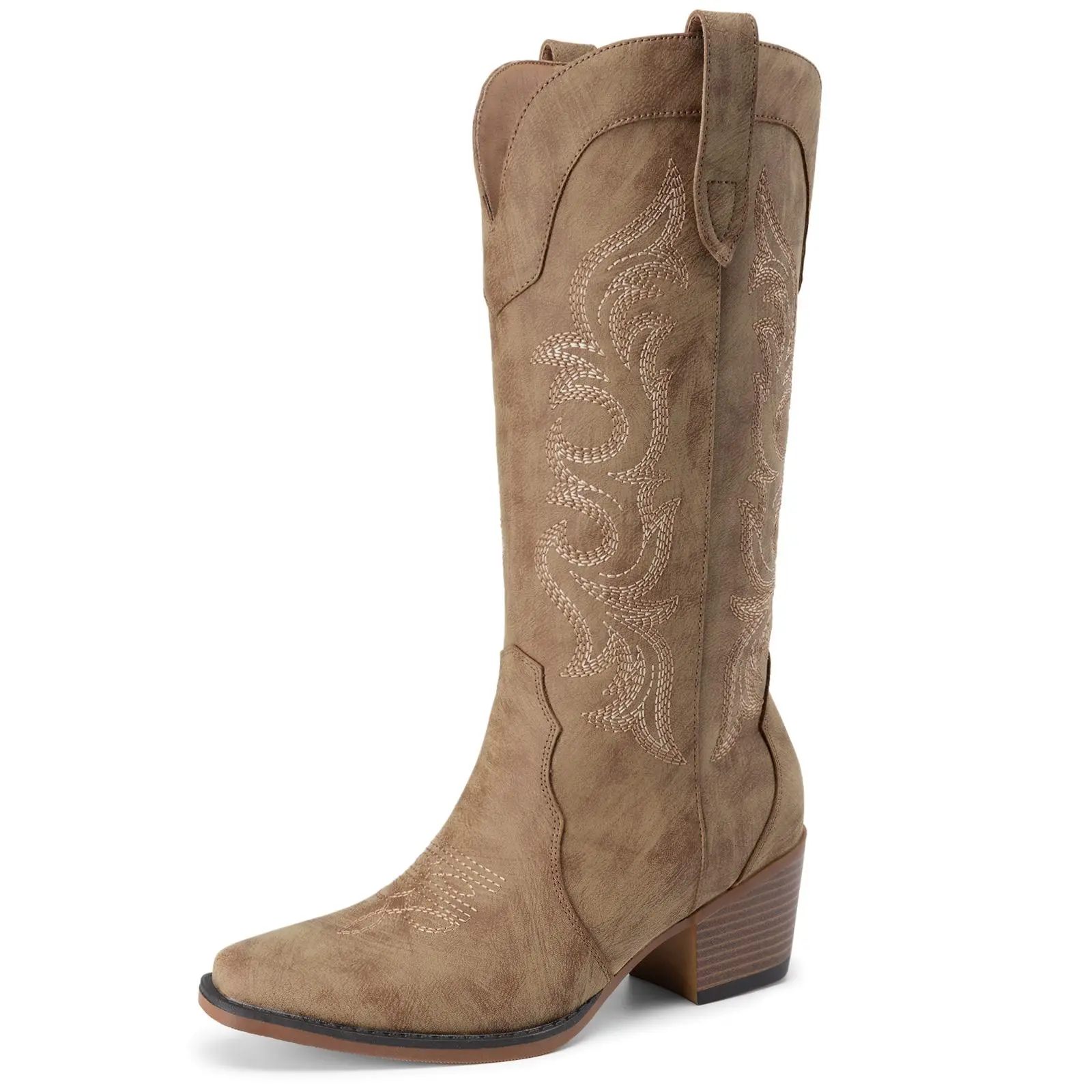 Women's Western Cowboy Boots, Embroidered Mid-Calf Shoe with a Pointed Toe, Chunky Heel, and Side Zipper for Rodeo Outfits
