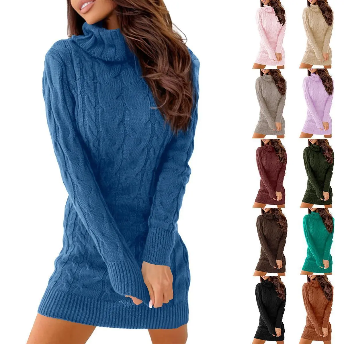 PASLTER Women's Cable Knit Casual Fashion Bodycon Mini Dress, Lady's Long-Sleeves High-Neck Fall Sweater Dress, Longsleeves