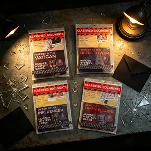 Collection of multiple cases - Thrilling Murder Mystery Games. BE THE DETECTIVE, CRACK THE CASE - including Documents, crime scene photos, an autopsy report, police transcripts, and suspect profiles.