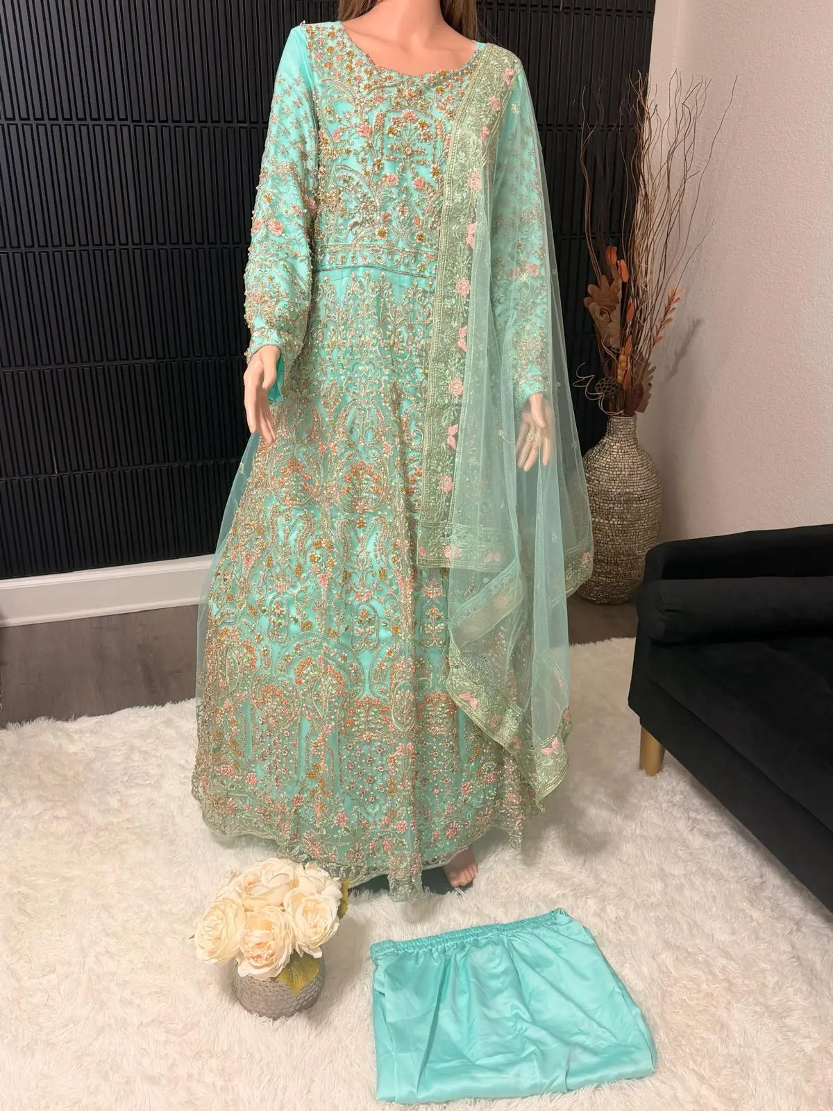 Embroidered Maxi Dress 3PC with Sheer Dupatta and Pants | Luxury Wedding & Festive Wear