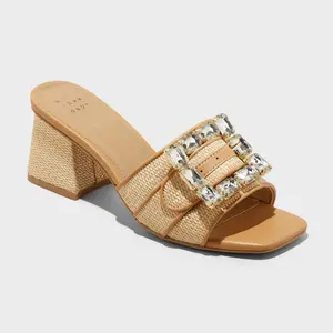 Women's Kathleen Raffia Buckle Block Heels - A New Day