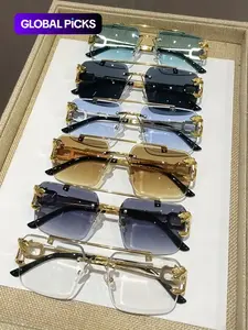Cool Men's Metal Rimless Sunglasses, Trendy Casual Tinted Lens Frames Sunglasses for Everyday Use, Fashion Eyeglass Accessories for Outdoor Activities, Rimless Shades