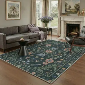 【Deals For You Days】GENIMO Rug with Non Slip Backing, Machine Washable Low Pile Lightweight Print Runner for Hallway Kitchen Laundry Room Bedroom Bathroom, Floral Foliage, Deep Teal