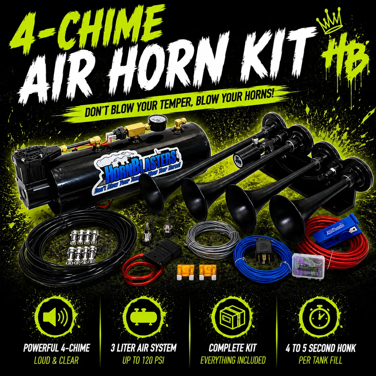 HornBlasters 4-Chime 3-Liter Air Horn Kit | 12-Volt DC | 120 PSI 3-Liter Air System