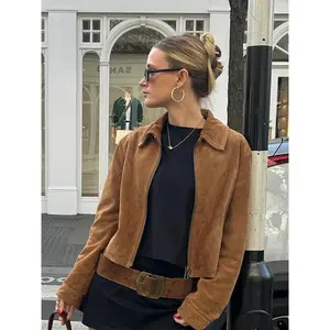 Women’s Suede Velvet Lapel Long Sleeve Jacket, Autumn/Winter Casual Zip-Up Coat, Comfortable Windproof Basic Outerwear for Ladies