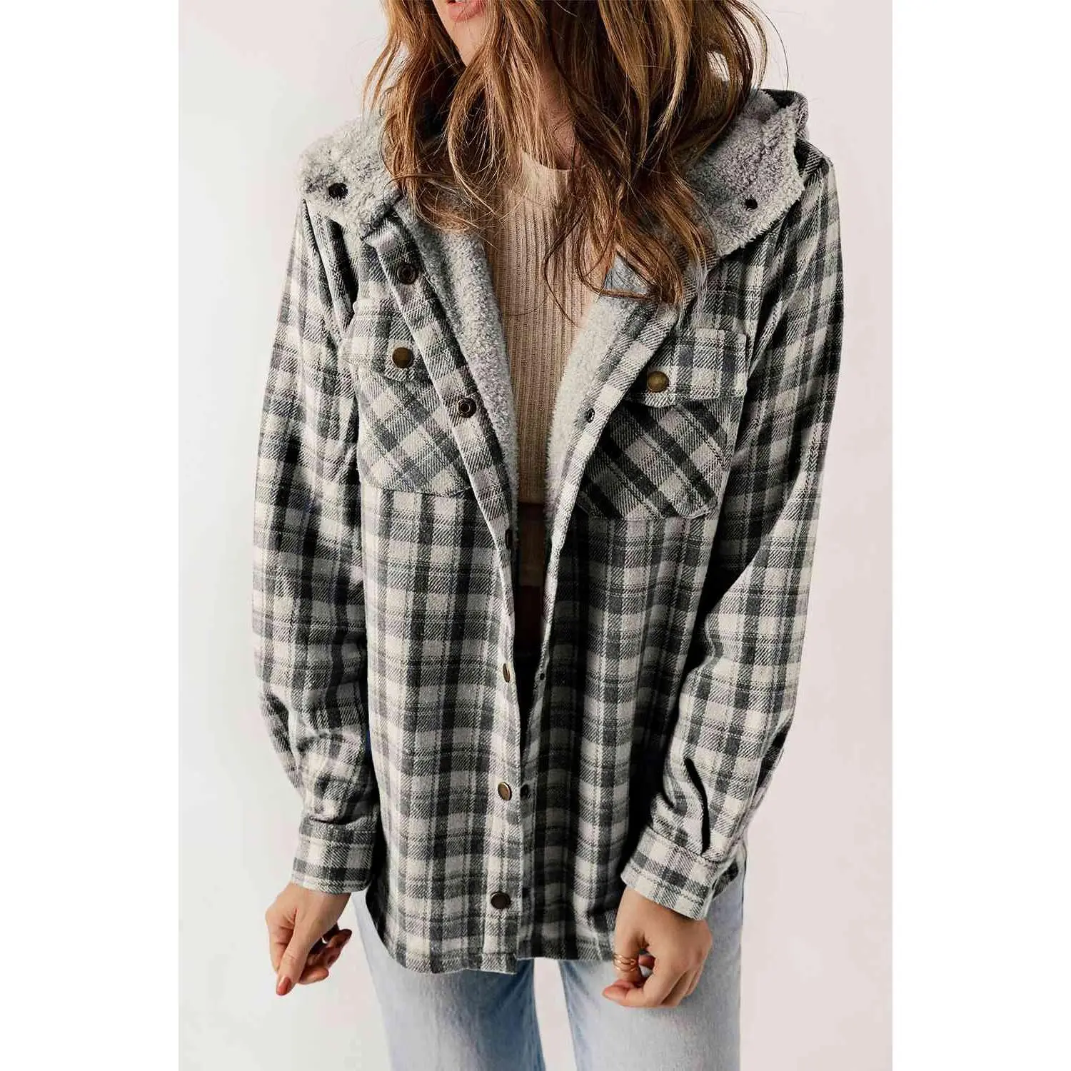 Plaid Snap Down Hooded Jacket