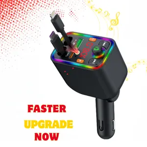 Hexibii 5-in-1 Car Wireless Audio Player Dual Retractable Cables Type-C Option Starry Sky LED Projector 4 Ports Fast Charging,Retractable Red LED Car Charger, TF Card USB Disk Support