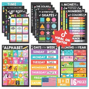 16 Educational Posters for kids 1-3 Laminated Learning ABC Chart Numbers Colors Shapes Days of The Week Preschool Kindergarten Classroom Decor Colorful