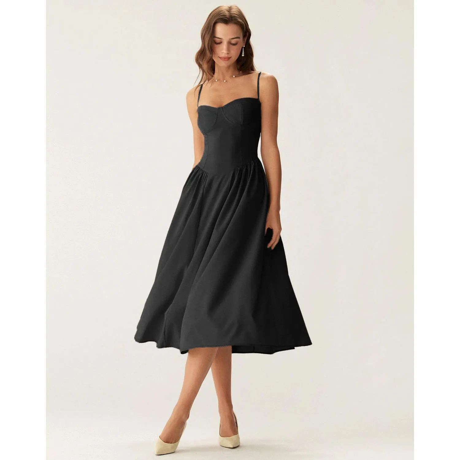 Rihoas Women's Minimalist Black Square Neck Waisted Soft Polyester Pocket Slip Midi Dress Classy Dark Plain Medium Length Womens Dresses, Casual Wear with Zipper Detail, Classy Casual Dresses