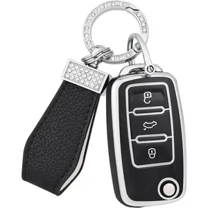 Car Key Cover with Keychain for Volkswagen, Soft TPU Full Protector Key Fob Case for VW Jetta Golf Polo Passat MK8 Tiguan Beetle Car Remote Smart Key Holder Accessories, Silver Black