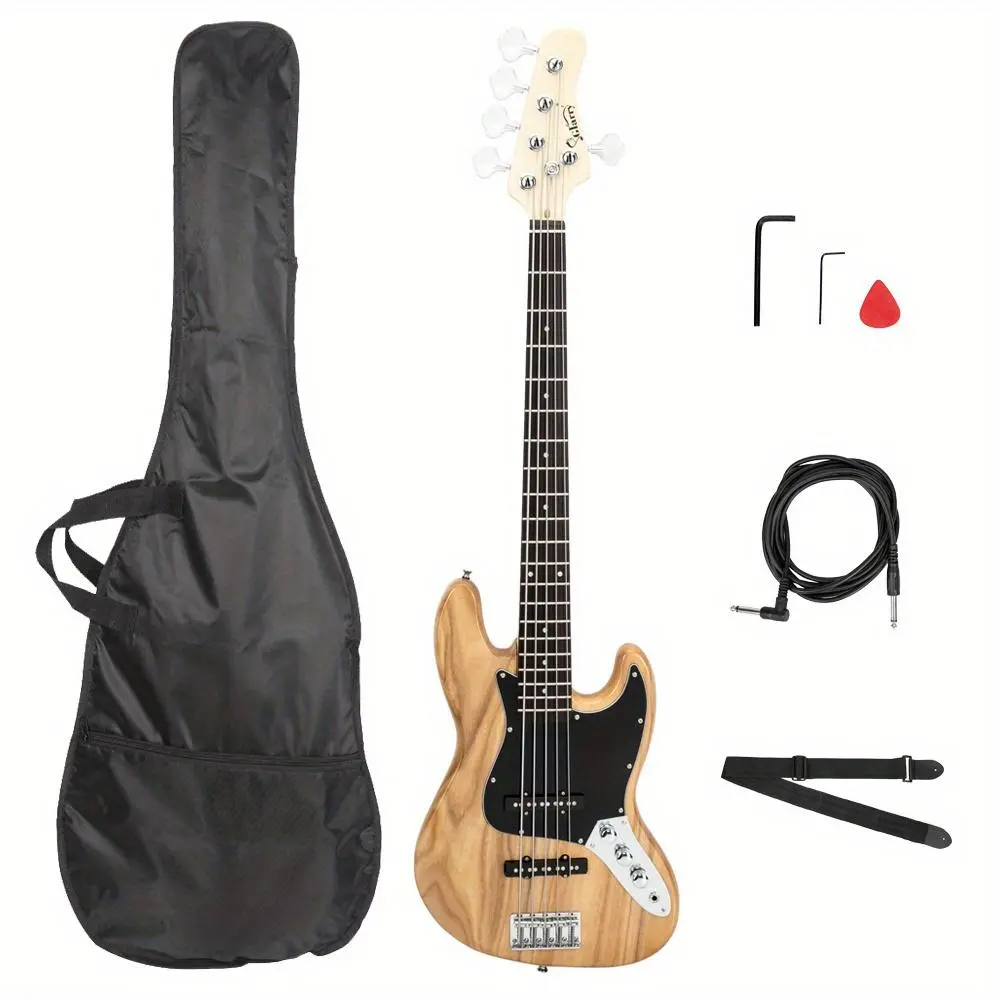 Gjazz Full-Size 5-String Electric Bass Guitar Kit - Burlywood Professional Musical Instrument with Bag, Strap, Pick, USB Connector, Wrench Tool, Adjustable Gear