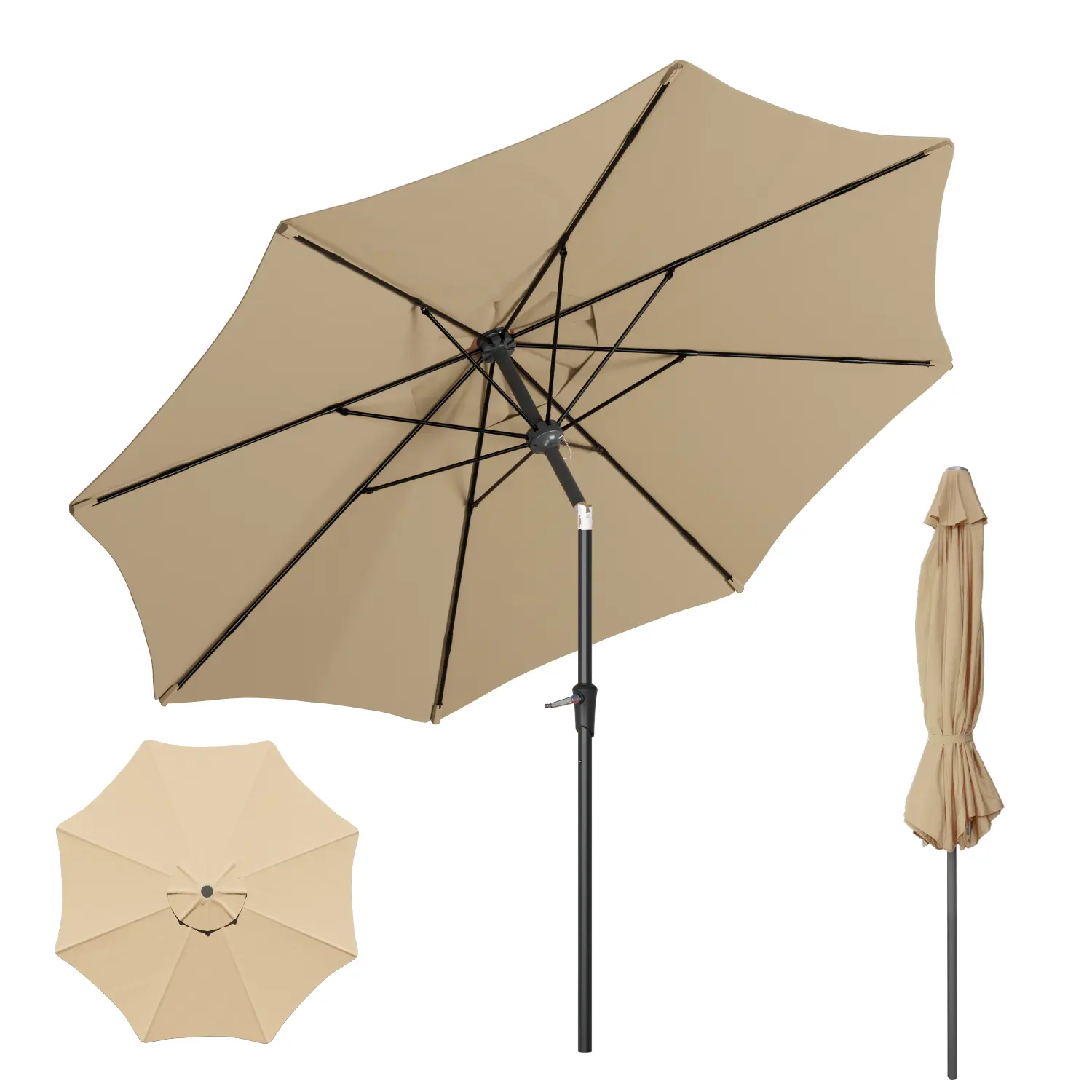 10ft Round Outdoor Market Table Umbrella - 1-Push Button Tilting, Includes Crank Lift, 8-Rib Sturdy Fiberglass Ribs, Powder Coated, 180g Sun Protection, Easy to Maintain, for Patio Tables & Outdoor Furniture Outdoor Patio Umbrellas Table Parasol