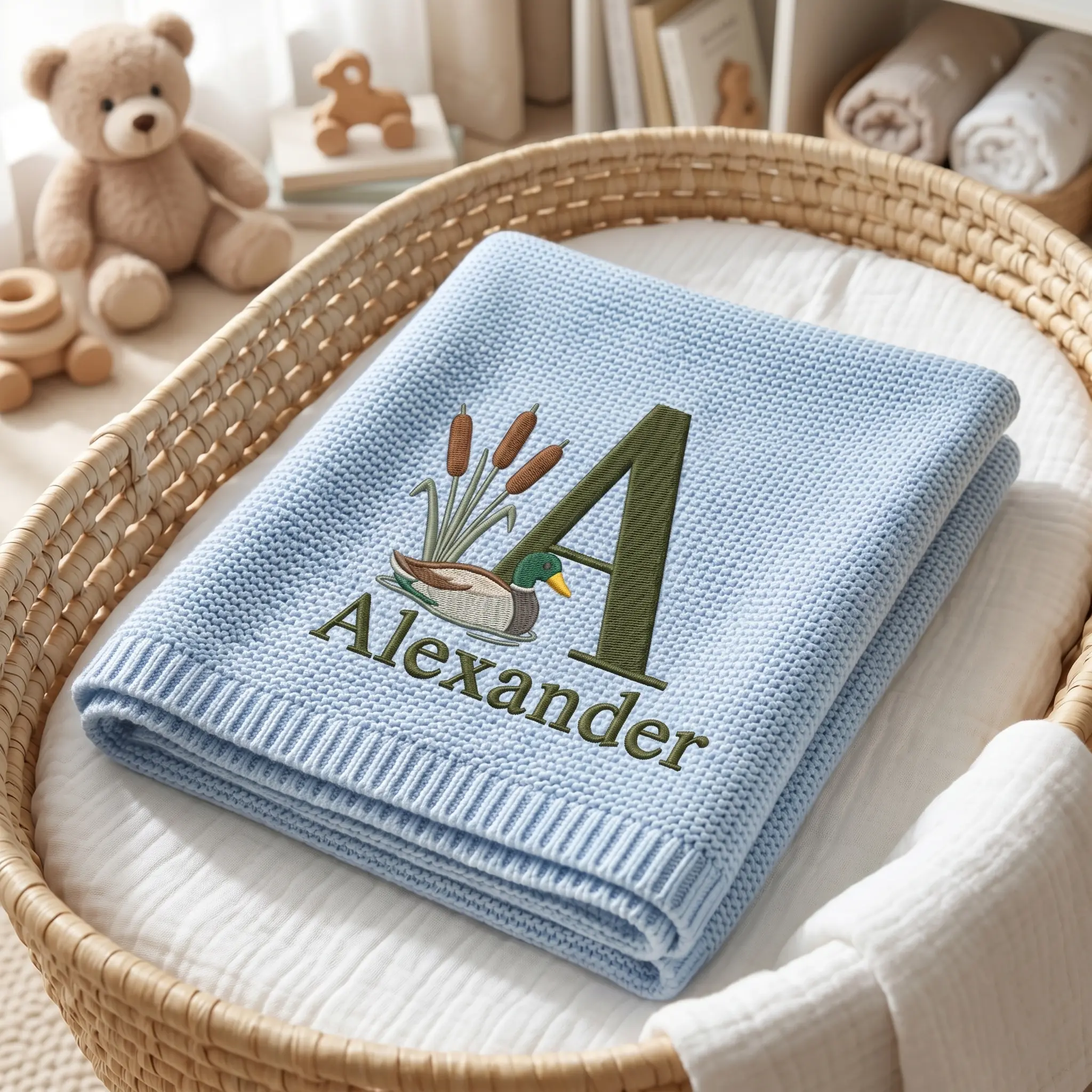 [Made-to-Order] Personalized Hot Air Balloon Embroidered Knit Blanket, Custom Name Baby Blanket, Sky Nursery Quilt, Adventure Baby Gift, Keepsake Blanket