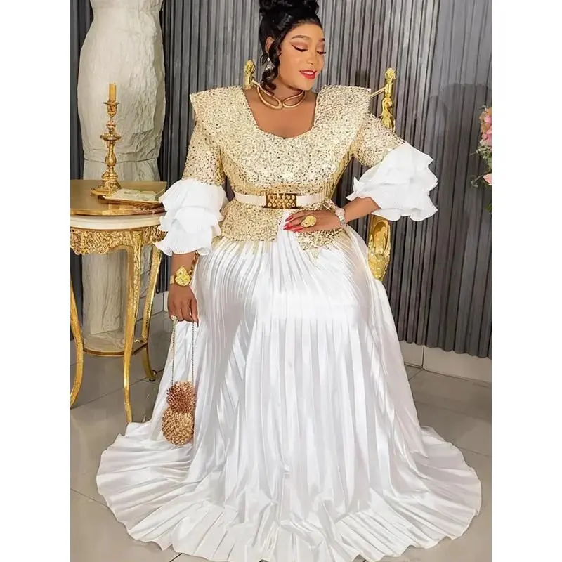 Women's Plus Size Sparkle Polyester Pull-On Long Sleeve African Dashiki Ankara Sequin Evening Gown - 2026 New Formal Wear, Elegant Ethnic Dress for Wedding Guests, Bachelorette Party, Romance Turkey Robe
