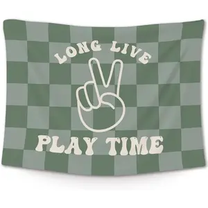 Kids Playroom Classroom Tapestry, Kids Wall Tapestry Hanging for Play Room, Long Live Play Time Sign Green Checkered Tapestries Decor Art for Boys Toddler Nursery Bedroom Playroom