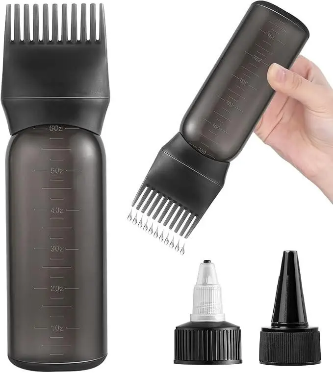 Root Comb Applicator Bottle for Hair Dye, Oil, and Scalp Treatments, 6 oz Easy Squeeze Bottle with Controlled Flow, Reusable with Graduated Scale and 2 Caps for Home & Salon Use, Haircare, Youth, Ergonomic Design, Capacity: 6 Oz, Even Distribution, Mess-F
