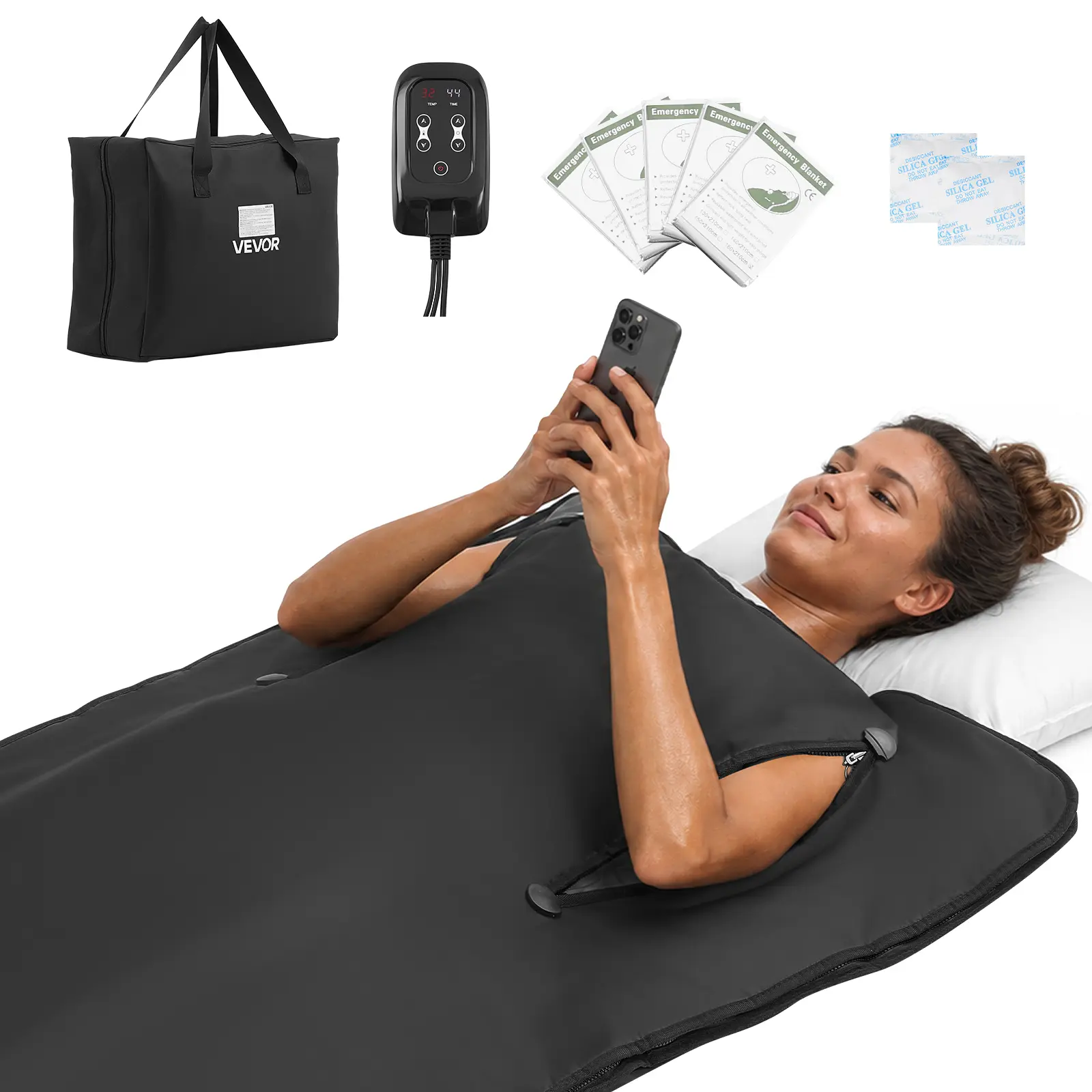 VEVOR Infrared Sauna Blanket with Armhole Cutout, 71x32 in Portable Size Oxford Fabric Wrap, Even Heating, Temp Control, Timer, Lightweight, Carry Bag Included for Home Detox, Black