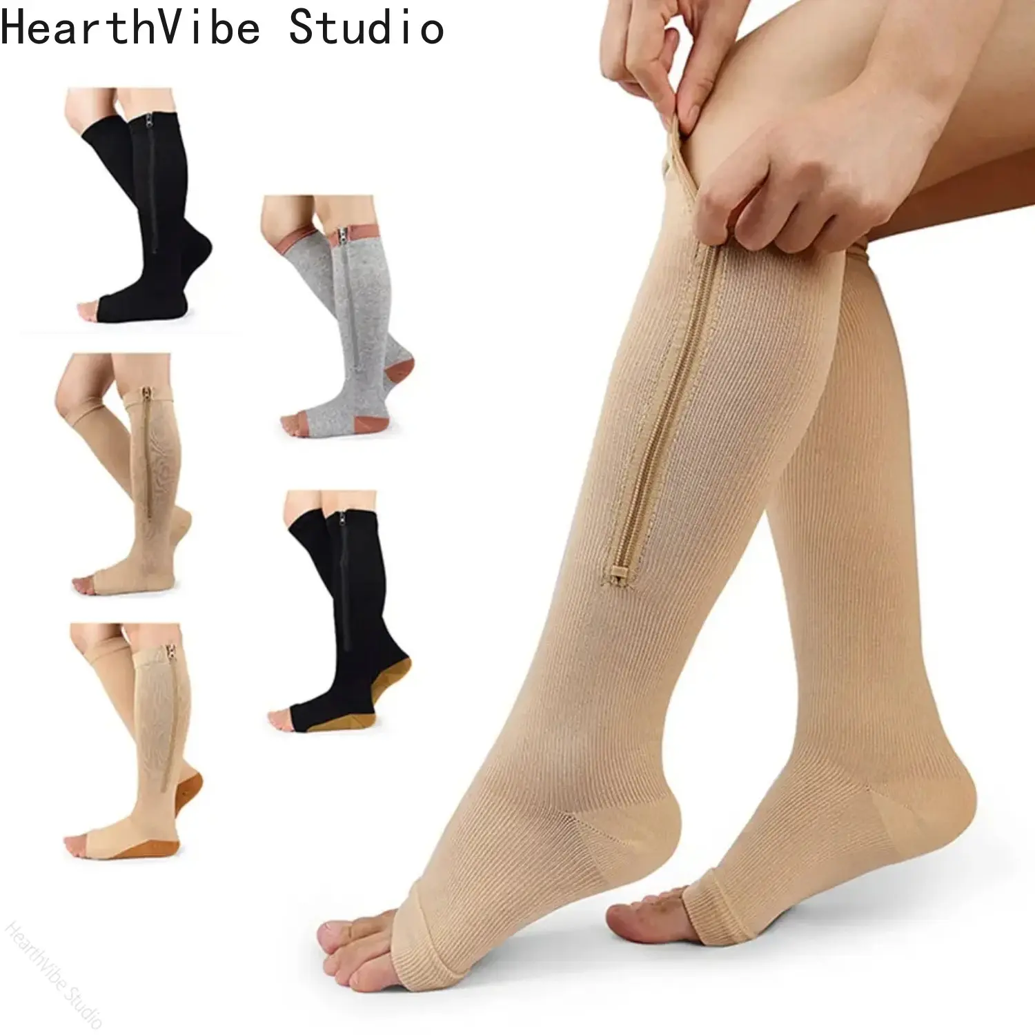 Women's Open-Toe Zipper Compression Socks | Stretchy French Terry Athletic Support for Varicose Veins & Edema Relief, Compression Socks Women, Stretchy Fabric Sports Socks