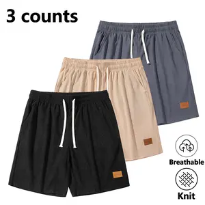 Men’s corduroy casual three-piece shorts set featuring a new summer short design, elastic drawstring waistband, leather panel details, and breathable knit fabric—ideal for everyday wear, the beach, and outdoor activities.
